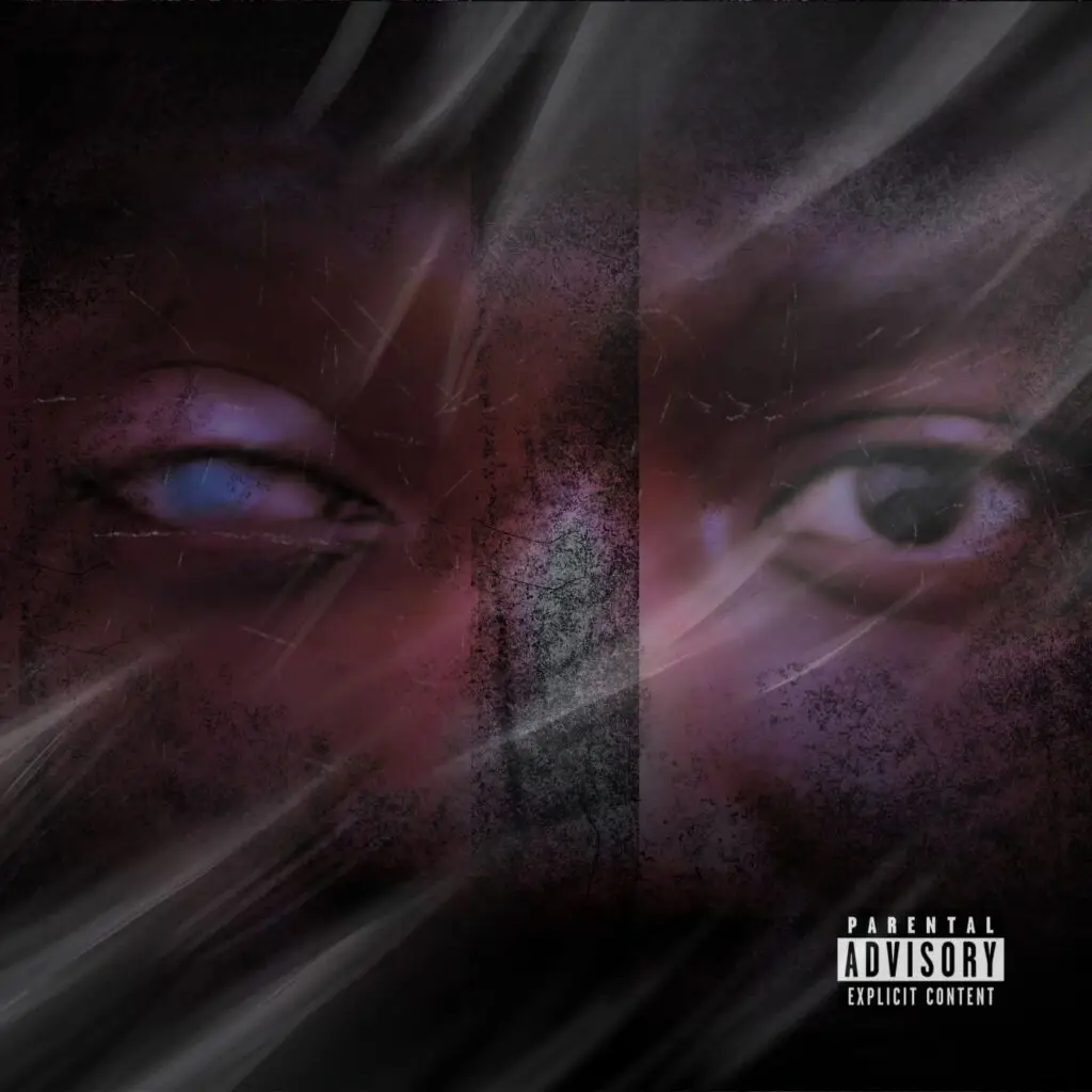 A close-up of a face partially covered by a textured overlay with a dark and moody aesthetic. One eye is open and the other is closed, reminiscent of Chirho Caesar's enigmatic style. The image has a parental advisory explicit content warning in the bottom right corner.