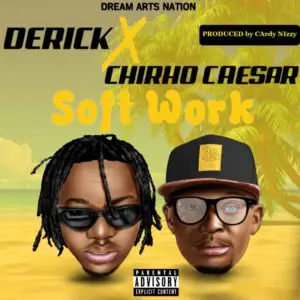 Illustrated cover art for the song "Soft Work" featuring Derick X and Chirho Caesar. A sunny beach background with palm trees. Derick X is depicted wearing sunglasses and dreadlocks, while Chirho Caesar, known for his unique style, is wearing glasses and a cap. Produced by Cardy Nizzy.