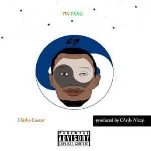 Album cover featuring a drawing of a man's face split into a yin-yang design. Stars dot the background, which is white with subtle star designs. Chirho Caesar's name graces the bottom left, and "produced by CArdy NIzzy" sits at the bottom right. The Parental Advisory label is at the bottom center.