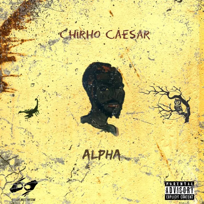 Album cover for "Alpha" by ChiRho Caesar. It features a textured yellow background with a shadowy human face in the center. Surrounding elements include a tree with an owl, a scorpion, and disembodied sunglasses. Parental Advisory warning is in the bottom right corner.