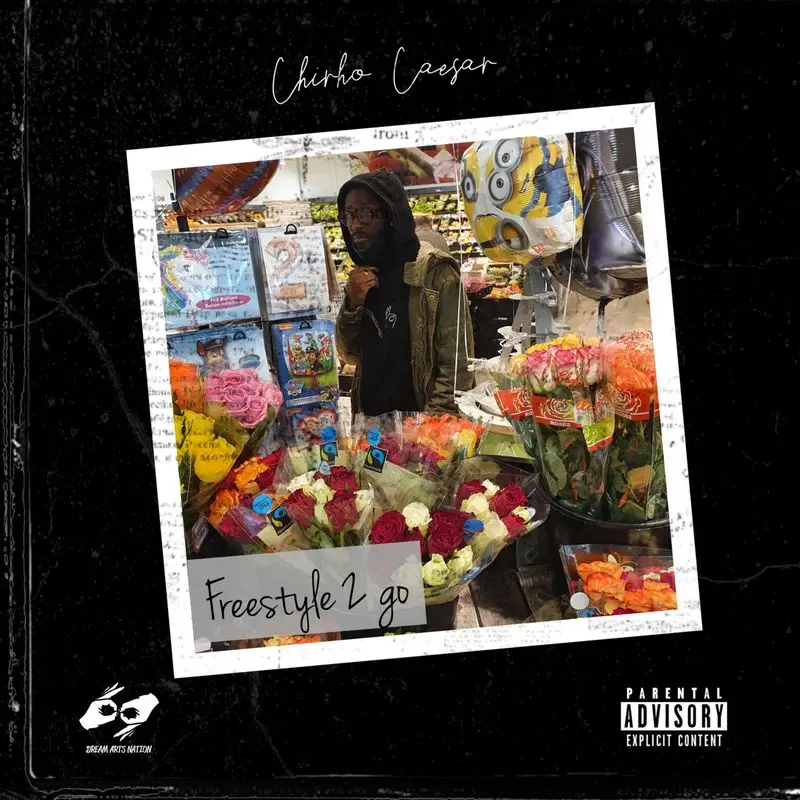 An album cover featuring Chirho Caesar in a hooded jacket standing in a grocery store flower section. Brightly colored flowers fill the foreground, and balloons, including a Minion character balloon, are visible. The text "Chicho Caesar" and "Freestyle 2 go" is displayed over the image.